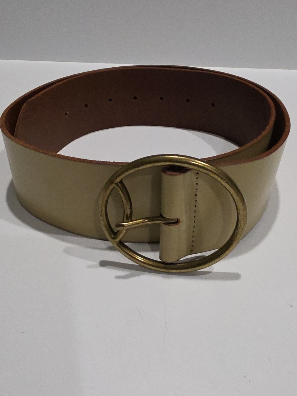 Anthropologie Wide Oval Buckle Leather Belt Ivory Off-White